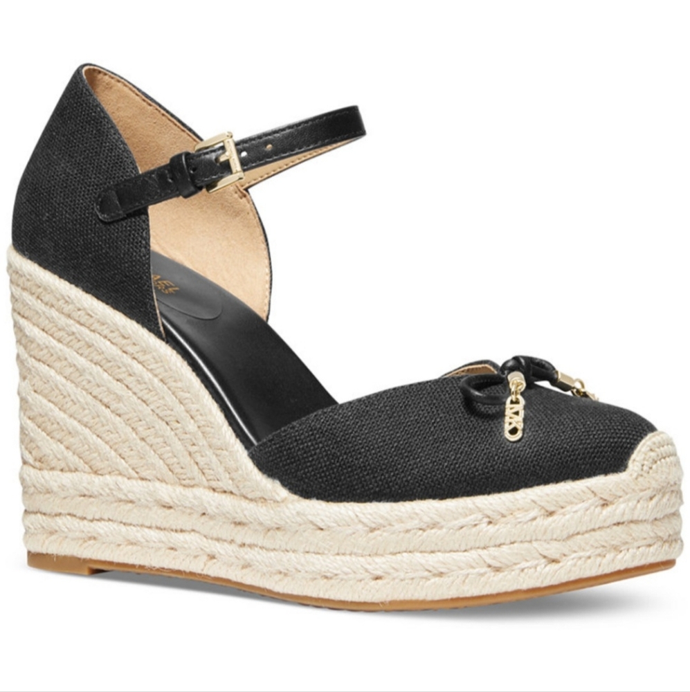 Michael Kors Black Espadrille Wedge Sandals with Natural Rope Platform